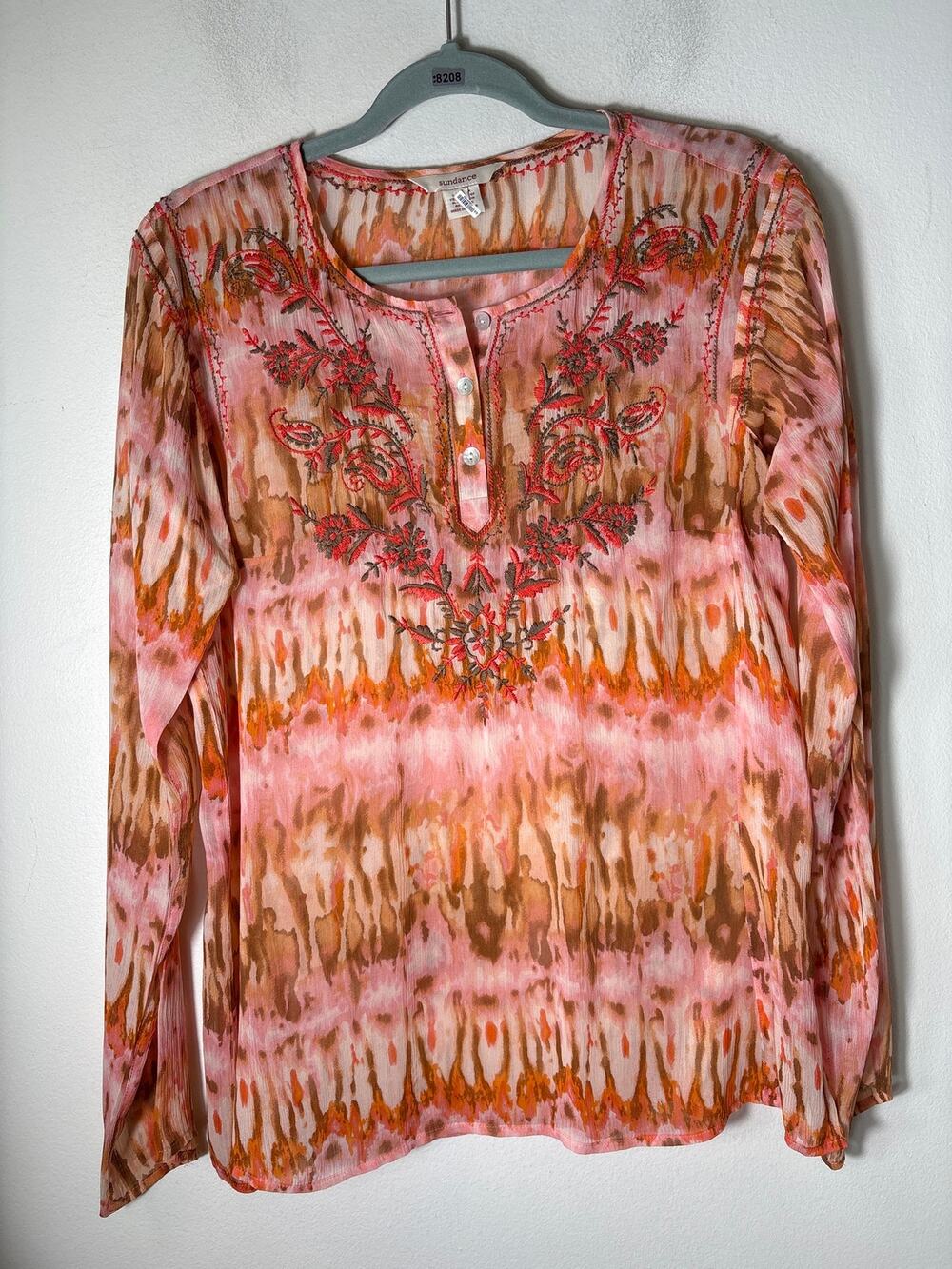 Sundance Orange Embroidered Long Sleeve Sheer Blouse Sz M